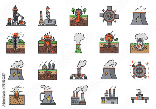 Geothermal and Nuclear Power Icons Set