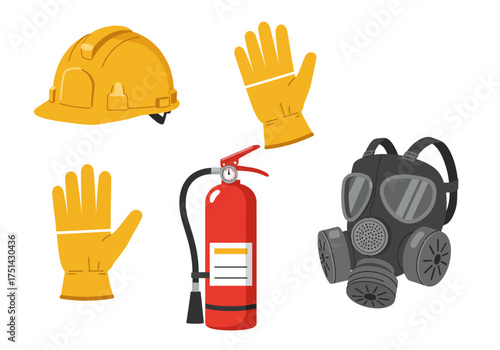 Safety Gear for Industrial Environments Helmet, Gloves, Fire Extinguisher, and Mask