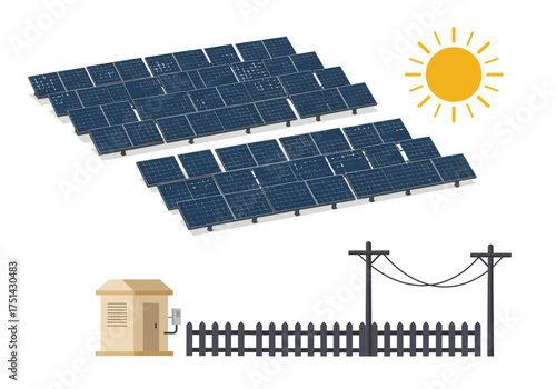 Solar Power Generation Sustainable Energy with Panels, Substation, and Sun