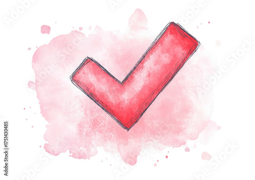Red checkmark on pink watercolor