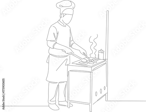Line Art Skillful Chef Preparing Food on Stove Illustration