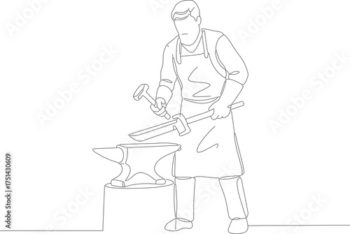 Minimalist Line Art Blacksmith Working with Hammer on Anvil Illustration