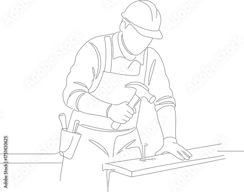 Minimalist Outline Line Drawing of a Carpenter Using Hand Saw on Wood