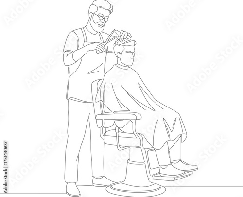 Simple Outline Lineart Barber Cutting Hair Client in Barbershop