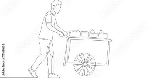 Minimalist Line Art Street Food Vendor Pushing Cart Illustration Graphic