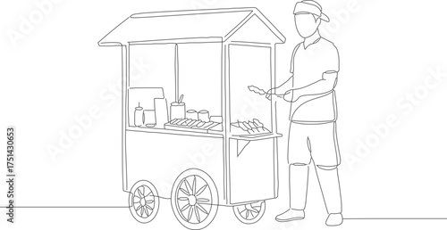 Line Art Illustration Man Selling Food on Cart Street Vendor