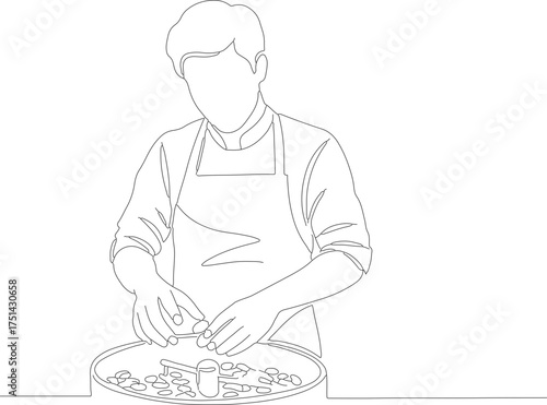 Minimalist Line Art Cook Preparing Food Ingredient in Kitchen Illustration