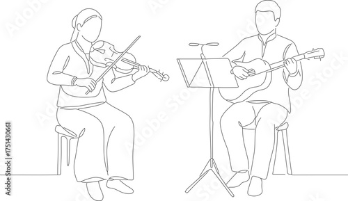 Simple Line Drawing Musician Playing Violin and Guitar Concert Illustration
