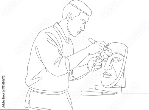 Minimalist Outline Continuous Line Artist Sculpting a Face Art Illustration