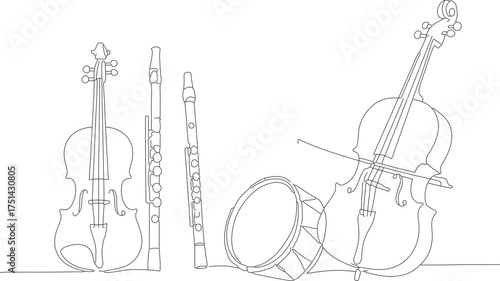 Minimalist Line Art Musical Instrument Set Outline Sketch Illustration