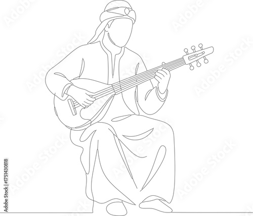 Outline Continuous Line Drawing of Musician Playing Oud Traditional Instrument