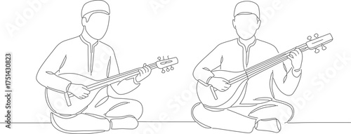 Continuous Line Drawing Man Playing Sitar Traditional Indian Musical Instrument