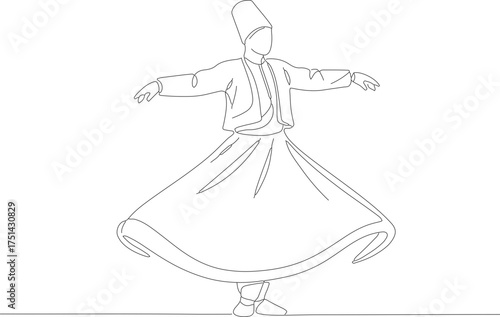 Line Art Silhouette Whirling Dervish with Traditional Dress and Hat Illustration