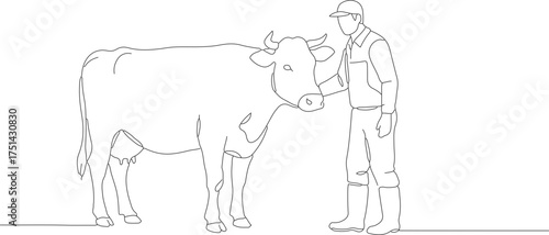 Minimalist Outline Illustration of a Farmer Stroking a Cow on Farm