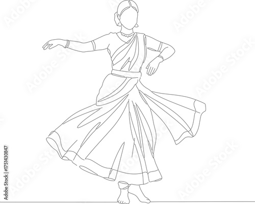 Simple Line Art Classical Indian Dancer Illustration Artistic Movement