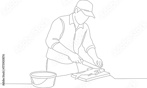 Detailed Outline Drawing of a Fisherman Cleaning Fish Illustration