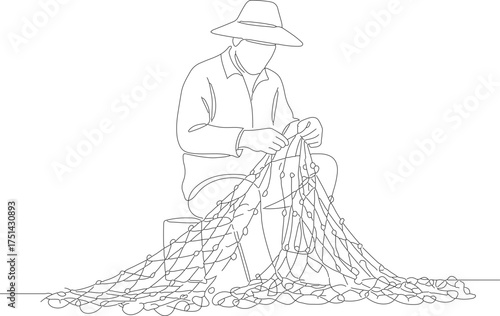 Outline Simple Line Drawing Fisherman Repairing Net Illustration Clip Art
