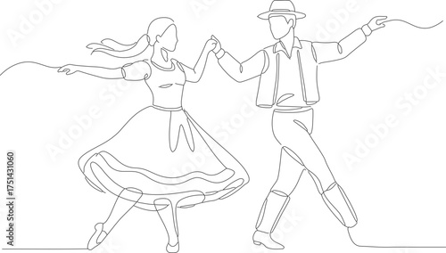 Minimalist Line Art Couple Folk Dancing Traditional Clothes Illustration