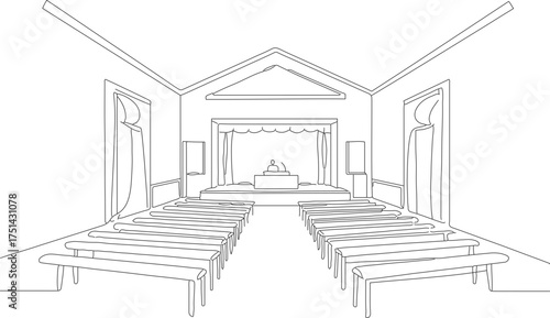 Minimalist Line Drawing Church Interior Auditorium with Benches and Stage