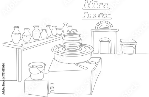 Simple Outline Drawing of Pottery Workshop Interior with Wheel and Items