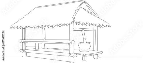 Simple Outline Drawing Hut with Thatched Roof and Mortar Illustration