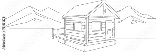 Line Art Detailed Cabin in the Woods Landscape Illustration Drawing