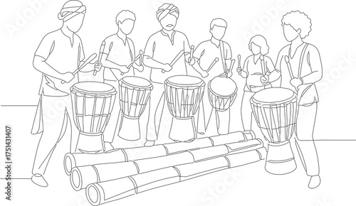 Line Art People Playing Traditional Musical Instrument Ensemble Illustration