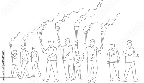 Minimalist Line Art Group of People Holding Burning Torch Illustration