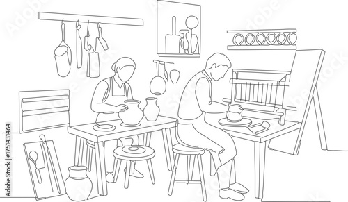 Outline Simple Line Drawing of People Making Pottery Workshop Illustration