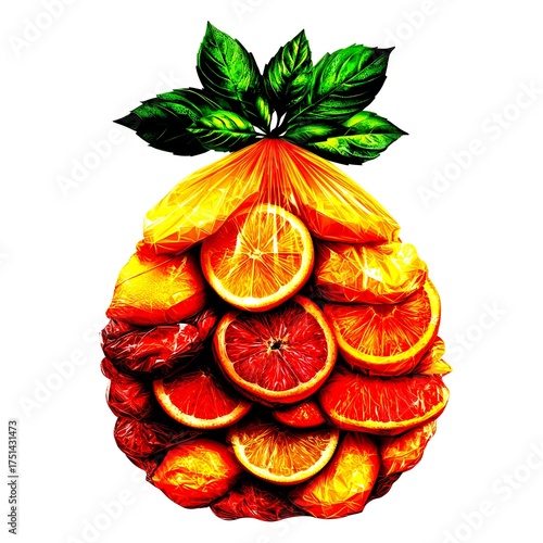 Colorful fruit arrangement resembling a pineapple with various citrus fruits and green leaves - High Contrast