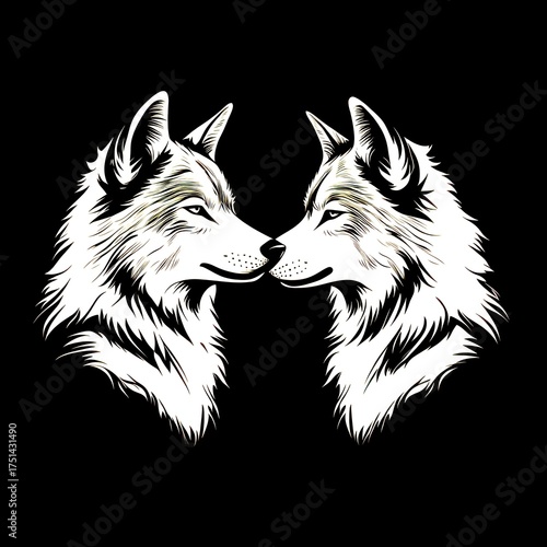 Two stylized wolves facing each other with their noses almost touching on a black background - High Contrast