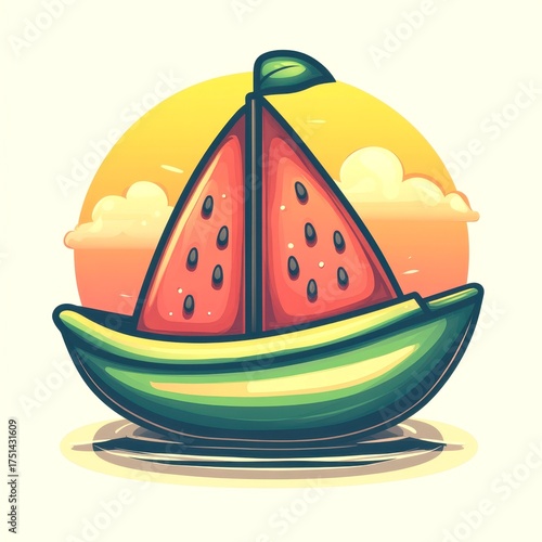 watermelon sailboat with sunset background and playful clouds