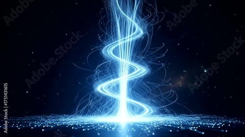 Illuminating spiral energy beam rising from a glowing base in a cosmic setting