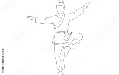 Simple Line Drawing Silhouette of Person Practicing Tai Chi Pose Figure