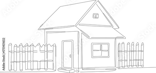 Simple Outline Illustration of a House with a Fence in Black and White