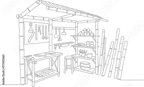 Detailed Outline Line Art Workshop Interior Wooden Shelves Equipment Illustration