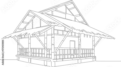 Minimalist Outline Style Detailed Bamboo House Structure Architecture Illustration