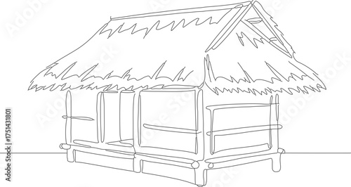 Minimalist Line Art Thatched Roof Hut Building Construction Illustration
