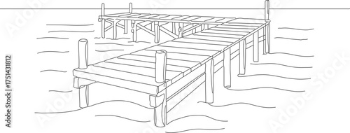 Simple Outline Wooden Pier Jetty Illustration Over Water Structure
