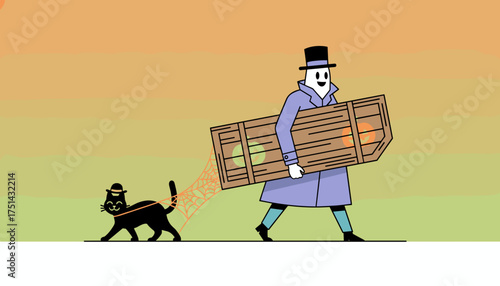 Spooky ghost in a top hat carries a pumpkin crate while a black cat with a spiderweb trails
