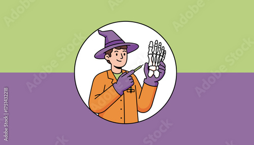 Cartoon scientist in witch hat examines skeletal foot Anatomy education Halloween medical concept