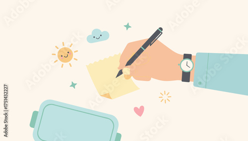 Hand writing on a sticky note with a pen Daily planning task management or creative ideas