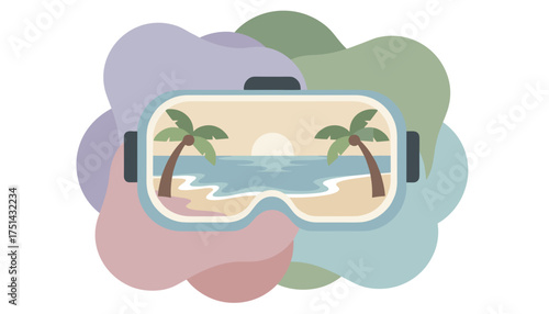 VR headset displays a virtual tropical beach sunset symbolizing escape relaxation and travel