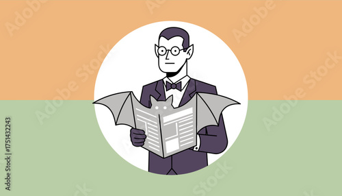 Elegant vampire figure reads a batshaped newspaper News Halloween fantasy concept