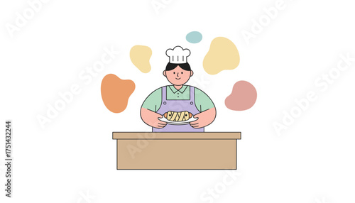 Smiling cook presents freshly prepared hot dog Perfect for culinary food service or recipe concepts