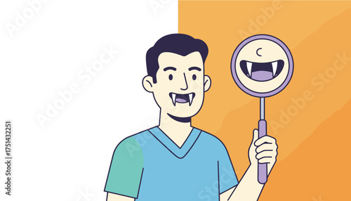 Man with vampire fangs looking in a dental mirror reflecting fanged teeth Dental health concept