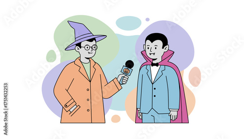 Spooky season interview Wizard reporter questions vampire Halloween event fun and media