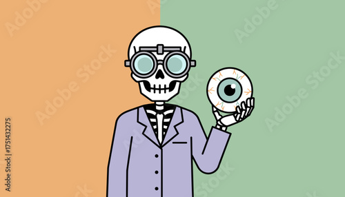Skeleton in lab coat and goggles holding an eyeball Concepts of science medicine or Halloween