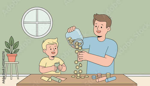 Father and son happily saving coins Financial literacy and family budgeting concept