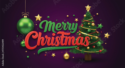 A vibrant Christmas illustration featuring a decorated tree, ornaments, and the words "Merry Christmas" in a festive design, perfect for holiday greetings and cheer. deep purple background.